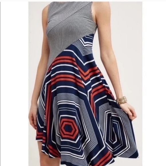 Maeve from Anthropologie asymmetrical dress women's sz medium NWOT red white blu - Picture 2 of 6